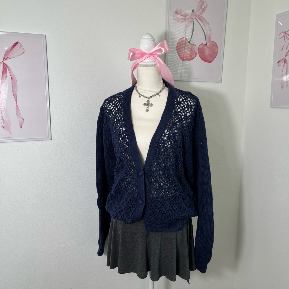 American‎ Weekend Vintage 90s Cottage Crochet Button Knit Cardigan Navy Womens M